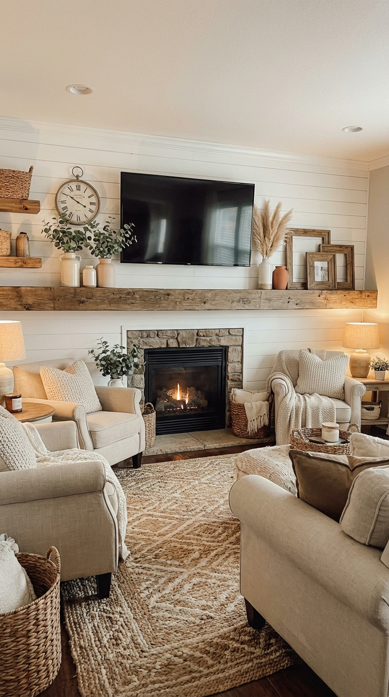 A cozy living room with beige armchairs, a fireplace, a wall-mounted TV, shelves with decor, and a patterned rug.