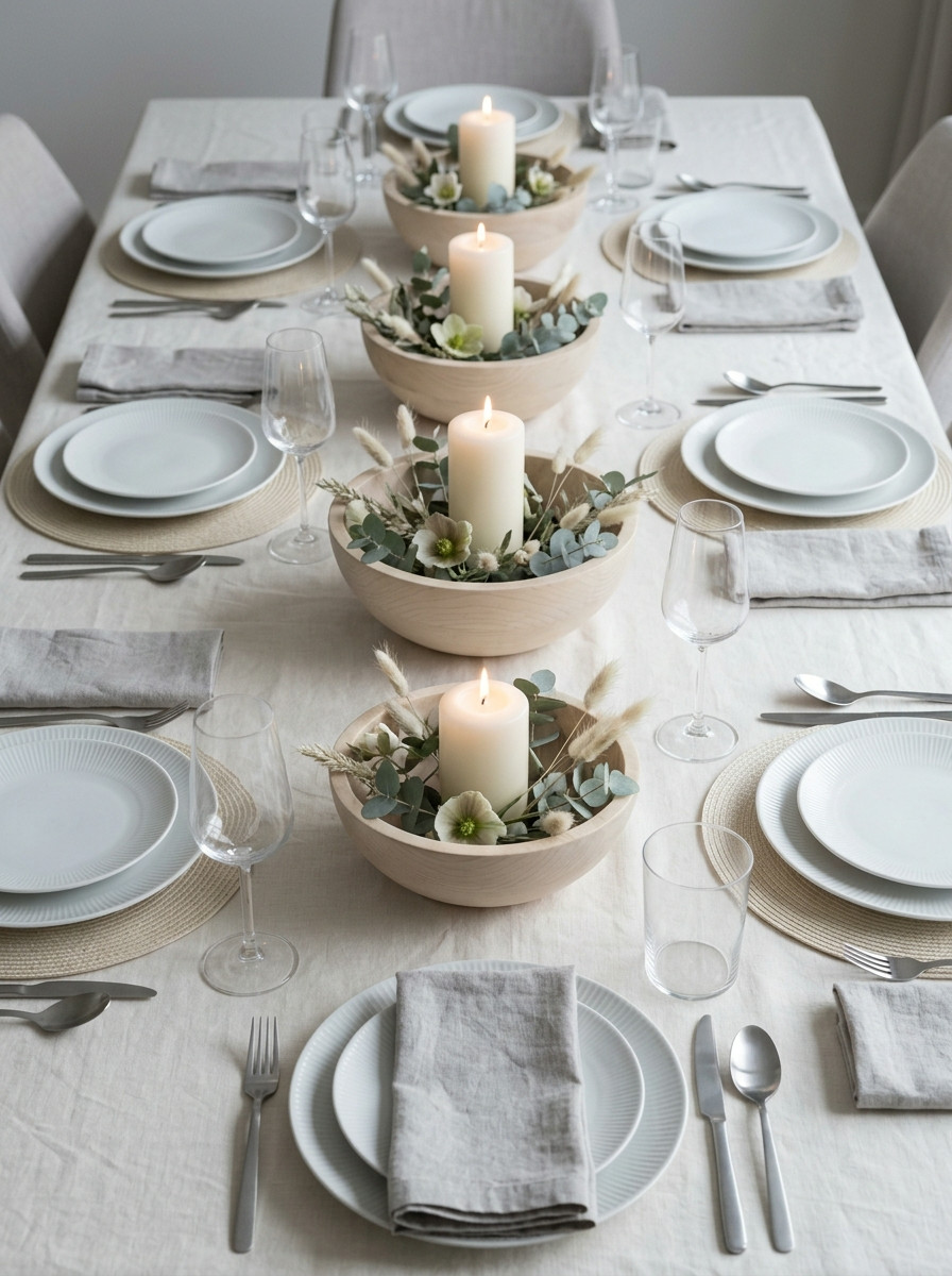 A dining table set for six with white plates, beige napkins, and glasses, featuring three centerpiece bowls with white candles and greenery.