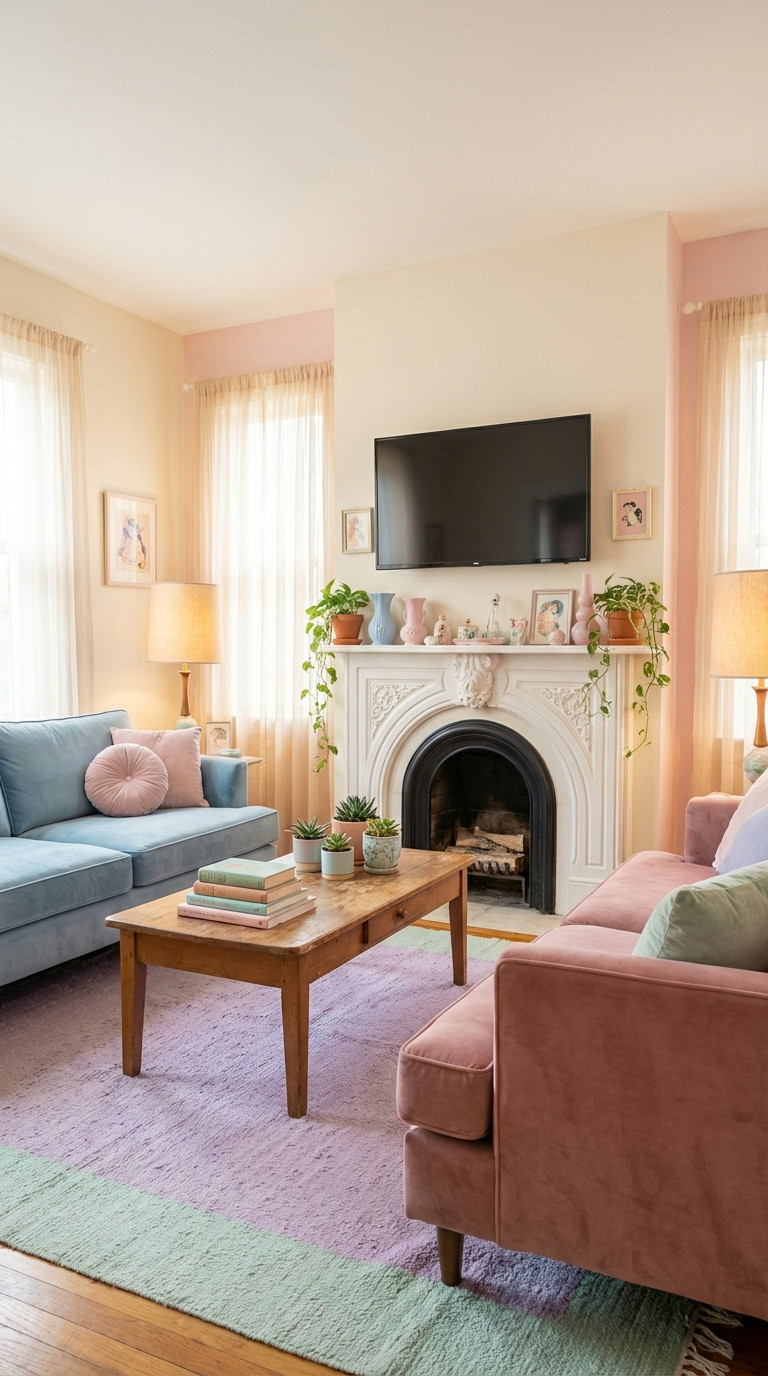 A living room with pink and blue sofas, a wooden coffee table with books and plants, a fireplace, a wall-mounted TV, and large windows with sheer curtains.