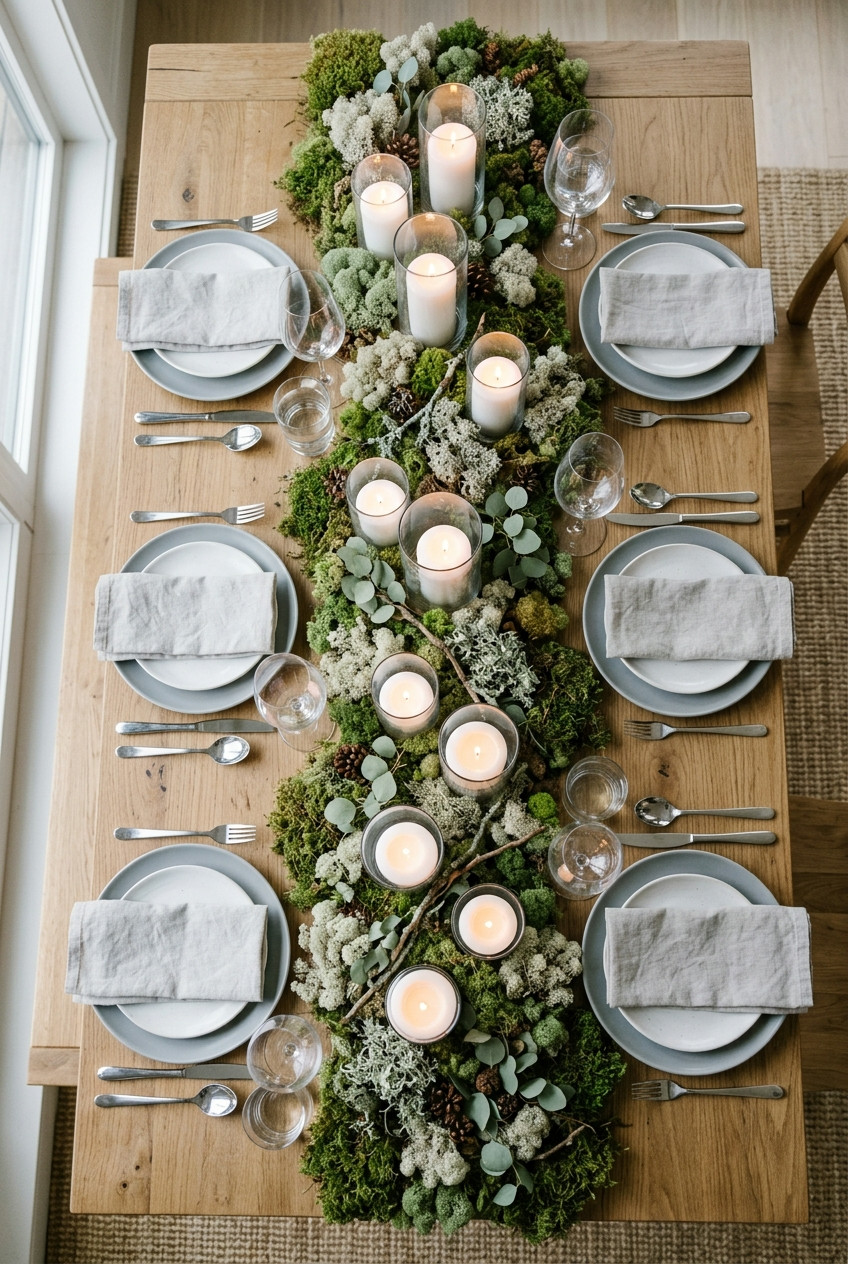 A wooden dining table set for six with white plates, grey napkins, glassware, silver cutlery, and a centerpiece of greenery and lit candles arranged down the middle.