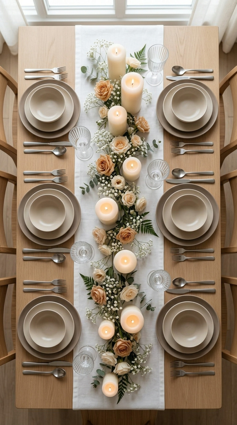A rectangular table set for six with beige dishes, crystal glasses, silverware, and a centerpiece of candles, cream roses, ferns, and baby's breath on a white table runner.