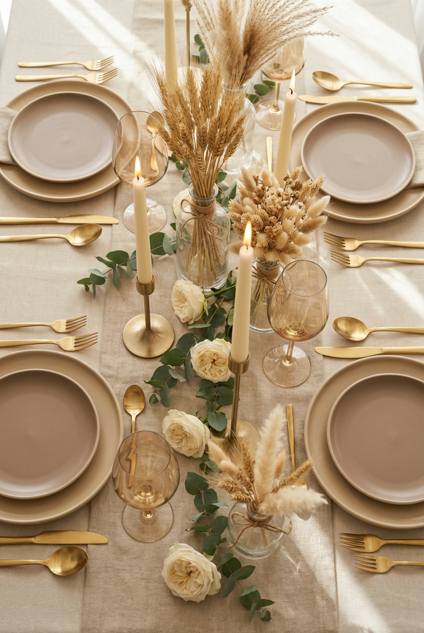 Elegant table setting with beige plates, gold cutlery, candles, glassware, and floral centerpieces including white roses, eucalyptus, and dried grasses on a neutral tablecloth.