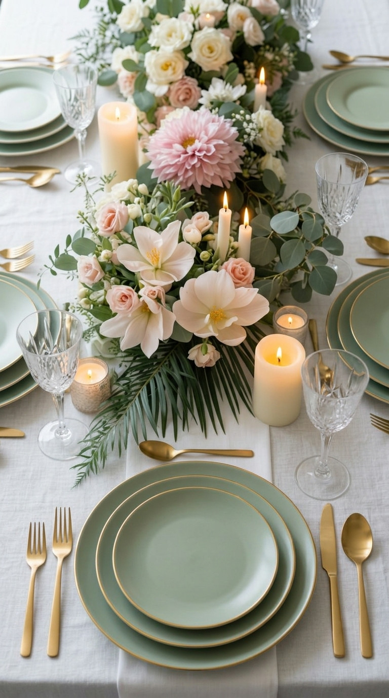 A formal table setting with gold utensils, green plates, crystal glasses, and a centerpiece of white and pink flowers with lit candles on a white tablecloth.