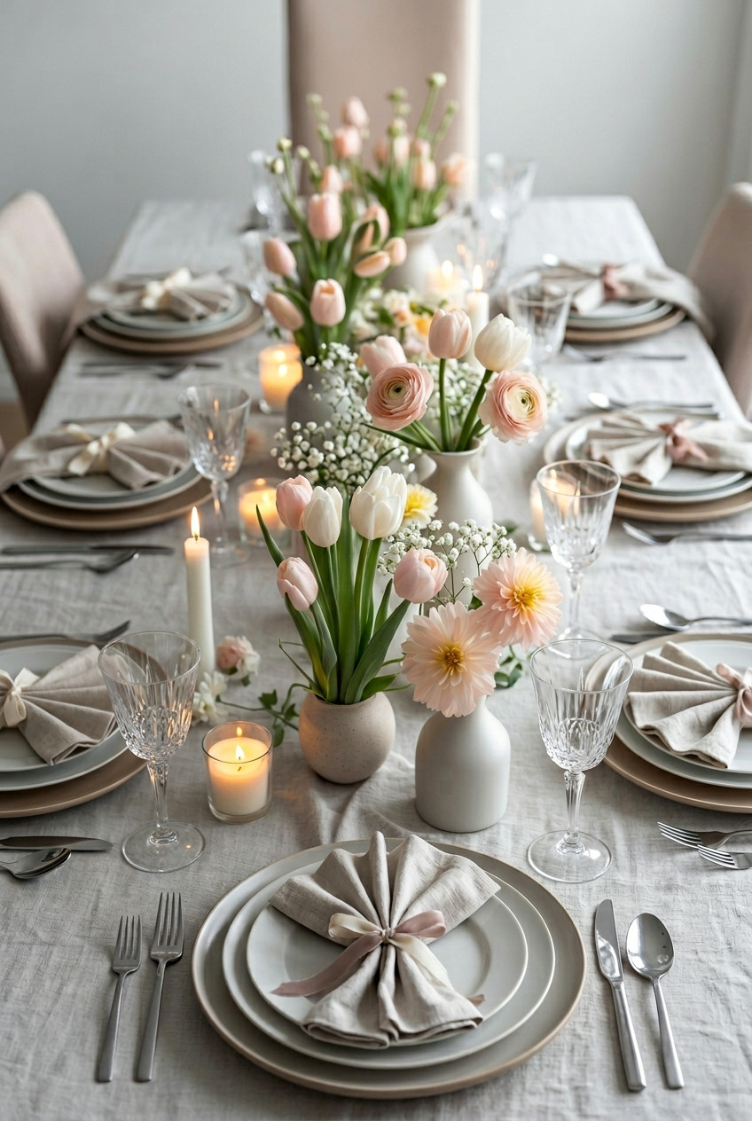 Elegant dining table set with white dishes, crystal glasses, beige napkins tied with bows, candles, and pastel flower arrangements in small vases.