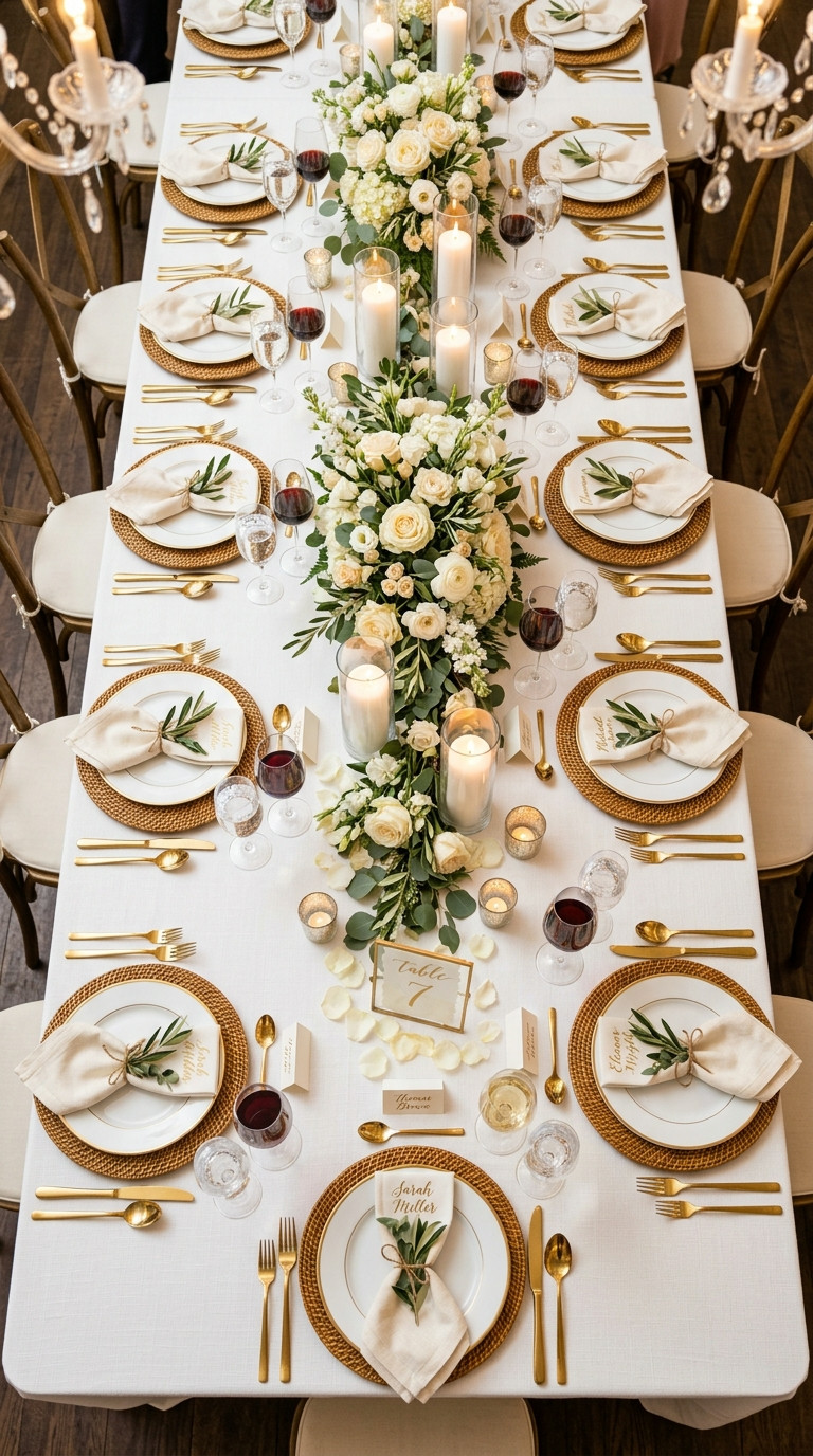 Elegant banquet table set with gold cutlery, white plates, wine glasses, candles, and floral centerpieces with white and cream roses, arranged for a formal meal.