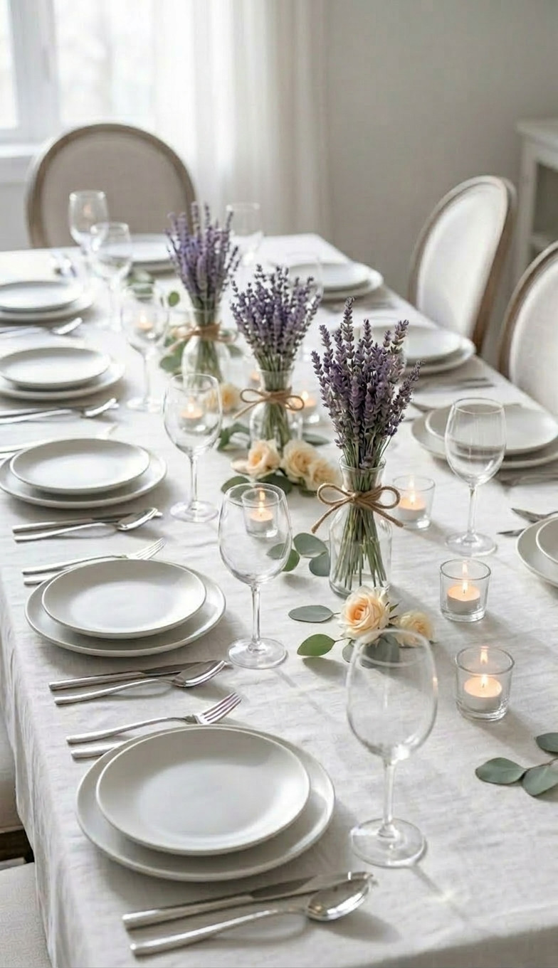 A dining table set with white plates, silver cutlery, wine glasses, and vases of lavender and roses, accented with small tealight candles and greenery.