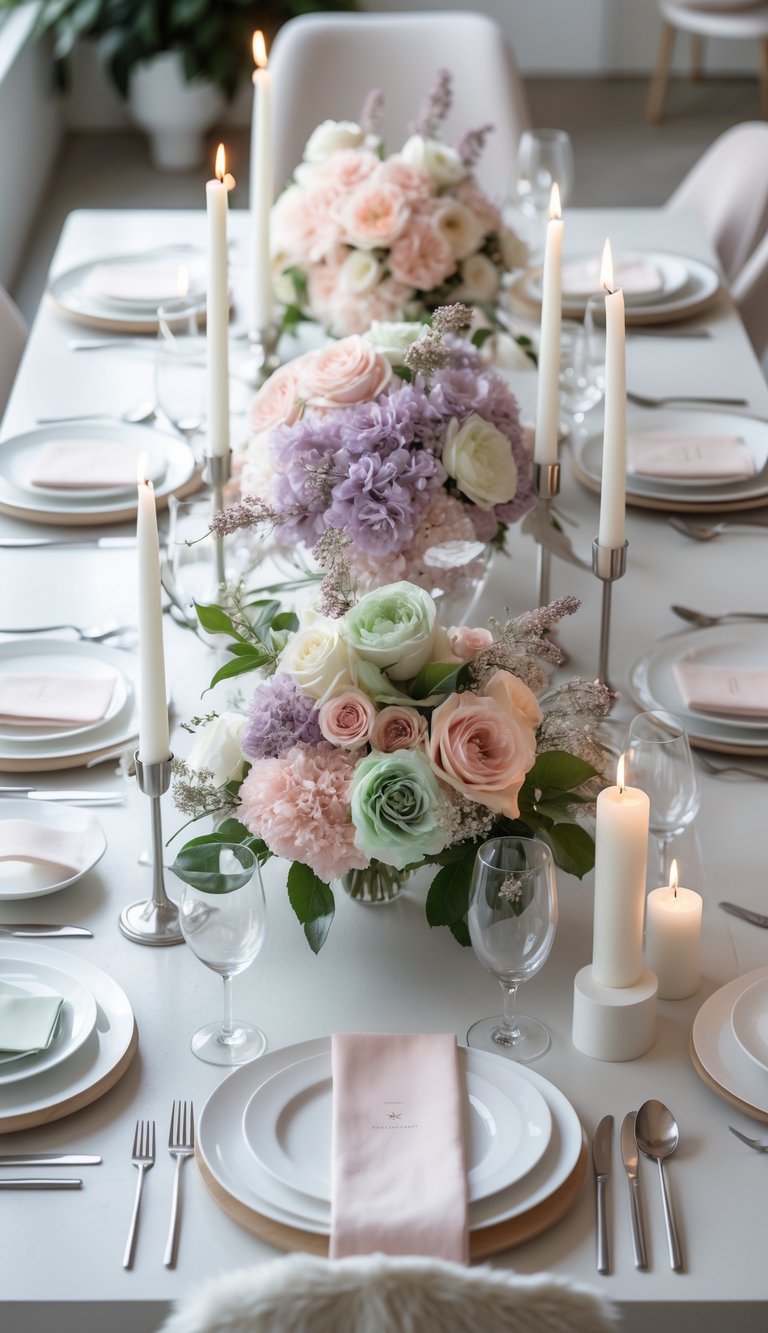 A dining table set with plates, glasses, cutlery, pastel floral centerpieces, and candles under natural light.