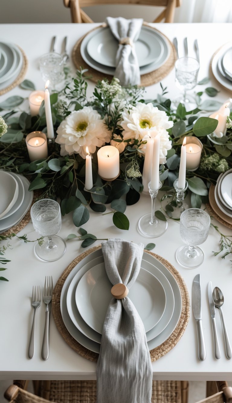 A dining table set with plates, glasses, cutlery, candles, florals, and greenery arranged as a centerpiece under natural light.