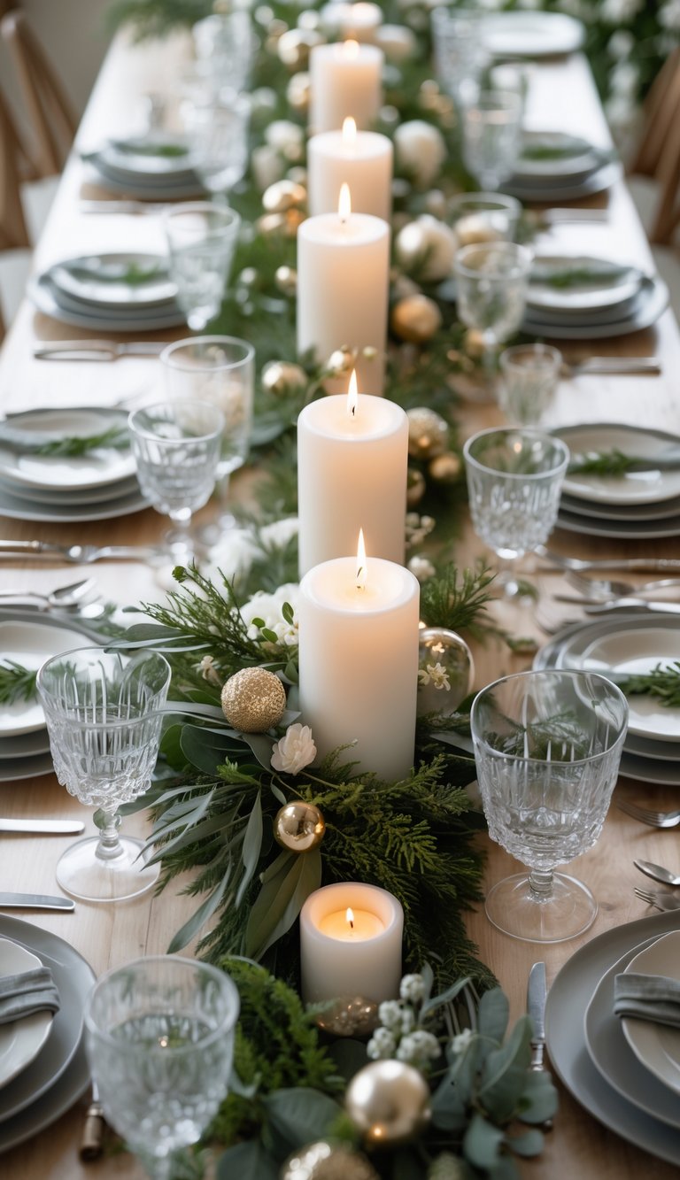 A dining table set with plates, glasses, cutlery, chunky pillar candles, and floral centerpieces under natural light.