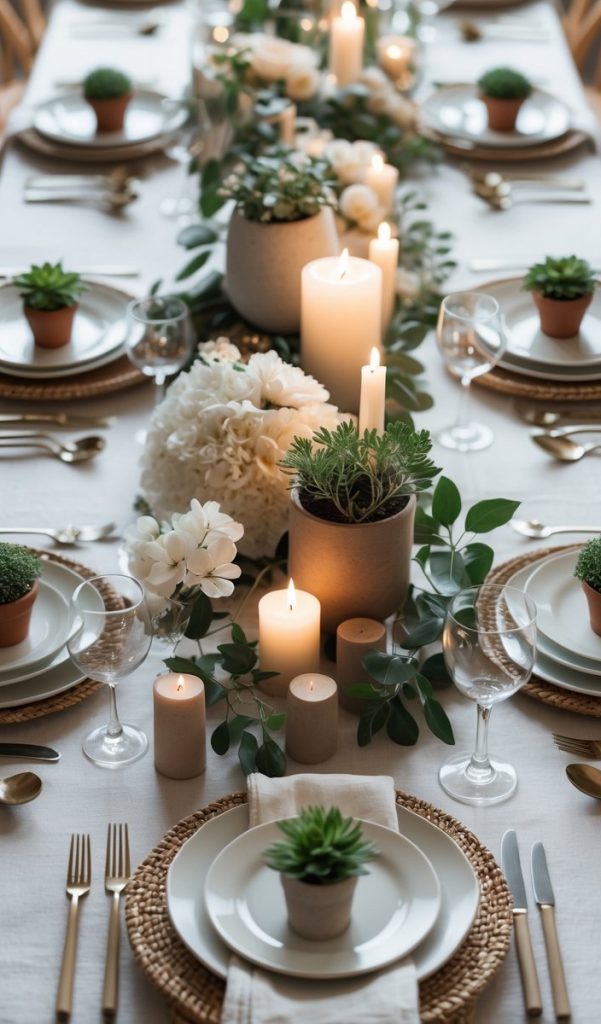 A long dining table set with white plates, gold cutlery, glasses, potted succulents, greenery, and lit candles, creating an elegant and inviting atmosphere.