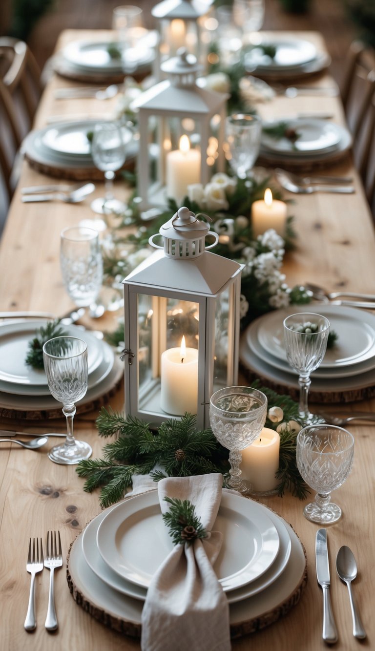 A wooden dining table set with white plates, glassware, silver cutlery, candles in white lanterns, and green foliage centerpieces.