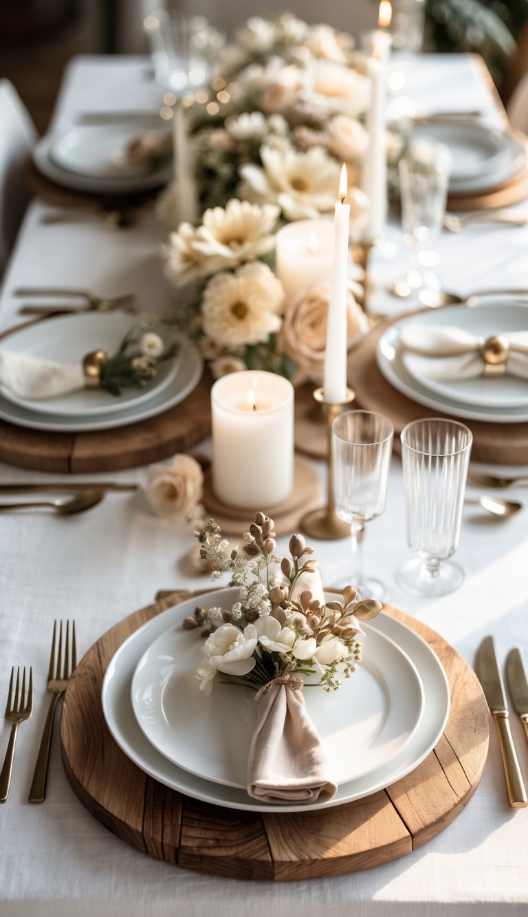 A dining table set with natural wood chargers, white plates, glasses, cutlery, floral centerpieces, and candles, illuminated by natural light.