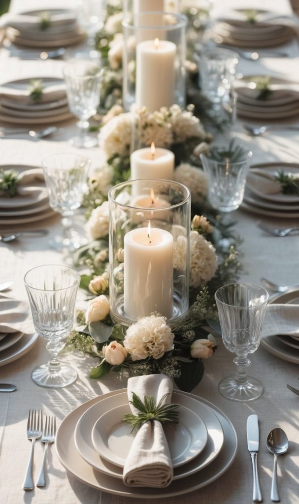 Elegant dining table set with white plates, crystal glasses, linen napkins, and a centerpiece of candles and white flowers arranged along the center.