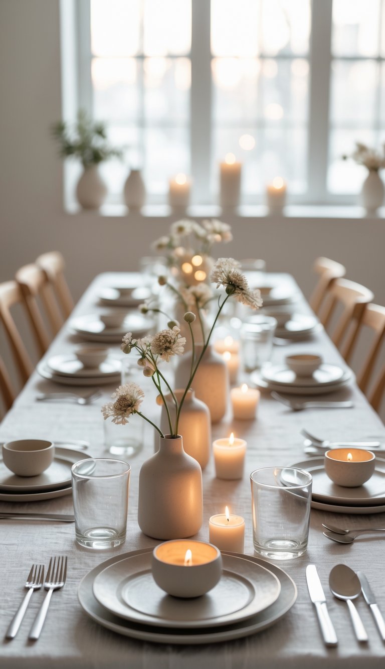 A dining table set with plates, glasses, cutlery, small ceramic vases holding single flower stems, and lit candles.