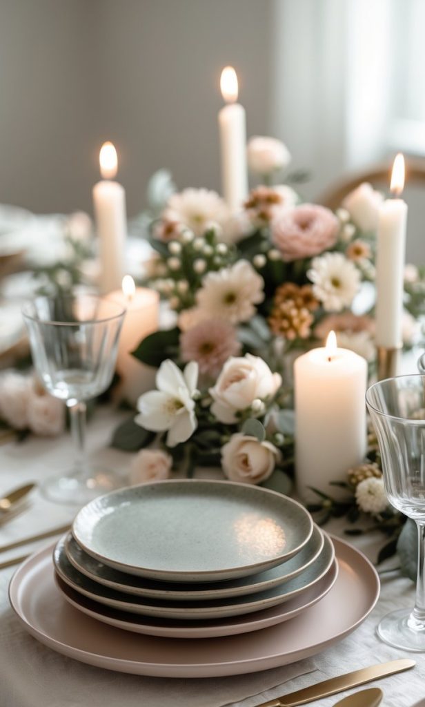 A neatly set dining table with stacked plates, gold cutlery, wine glasses, white candles, and a floral centerpiece featuring white and blush flowers.
