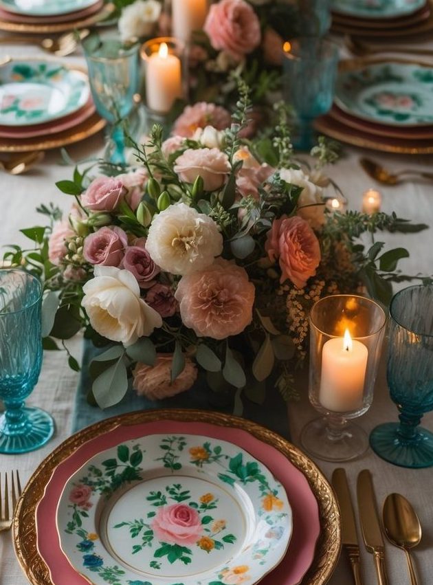 A long dining table is set with floral plates, gold cutlery, blue glasses, candles, and pink flower centerpieces on a white tablecloth.