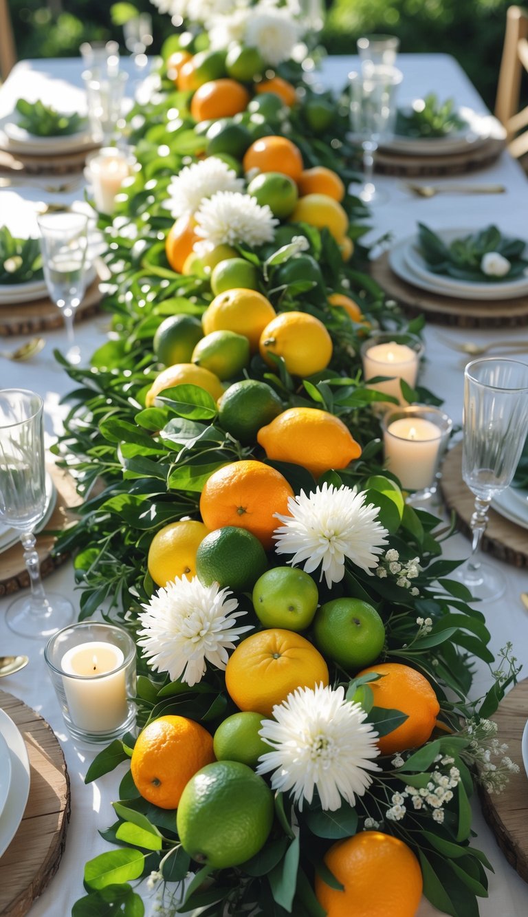 A full view of a table set for an event with a centerpiece of lemons, limes, and oranges surrounded by green leaves and white flowers, candles, plates, and glassware.