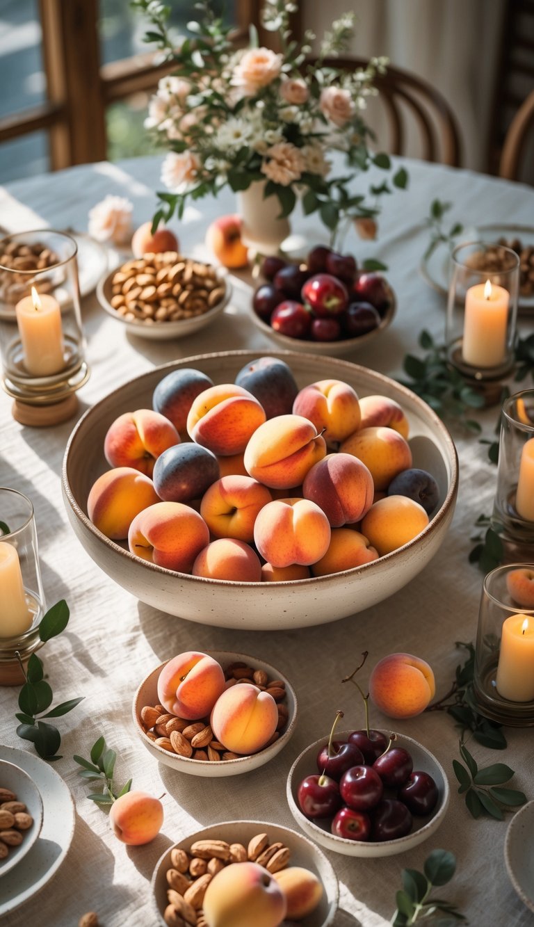 A table set with a ceramic bowl of assorted stone fruits, surrounded by candles and flowers on a linen-covered table.