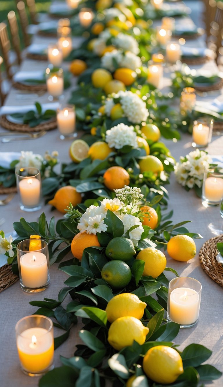 A table decorated with a citrus fruit garland along the edge, surrounded by candles, flowers, and stylish centerpieces under natural light.