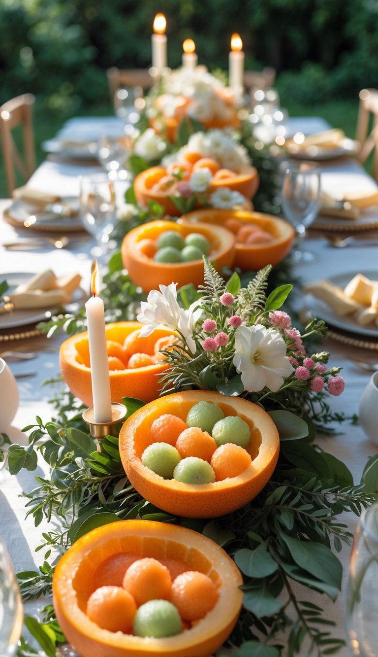 A table set for a holiday event with hollowed oranges filled with melon balls, surrounded by flowers and candles.