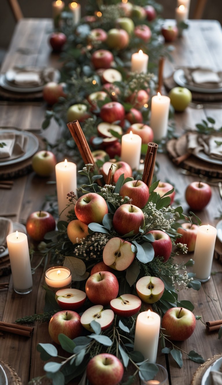 A full table set for a holiday event with apple slices, cinnamon sticks, candles, and floral centerpieces arranged on a wooden table.