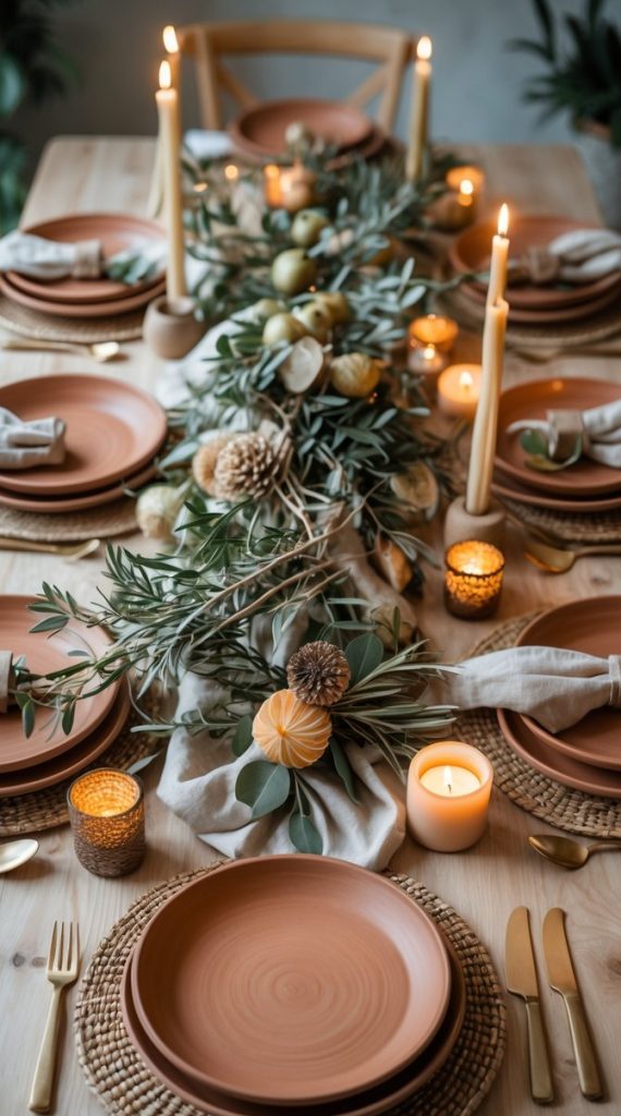 A wooden dining table set with terracotta plates, gold cutlery, woven placemats, candles, and a leafy floral centerpiece.