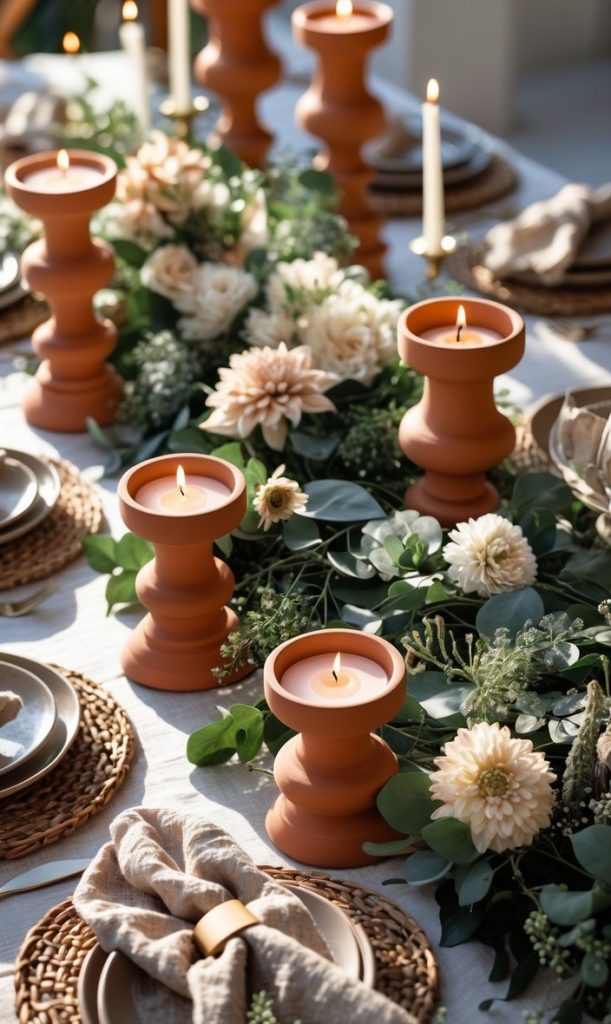 A decorated dining table set with woven placemats, neutral napkins, terracotta candle holders with lit candles, and a floral centerpiece featuring white and cream flowers with greenery.