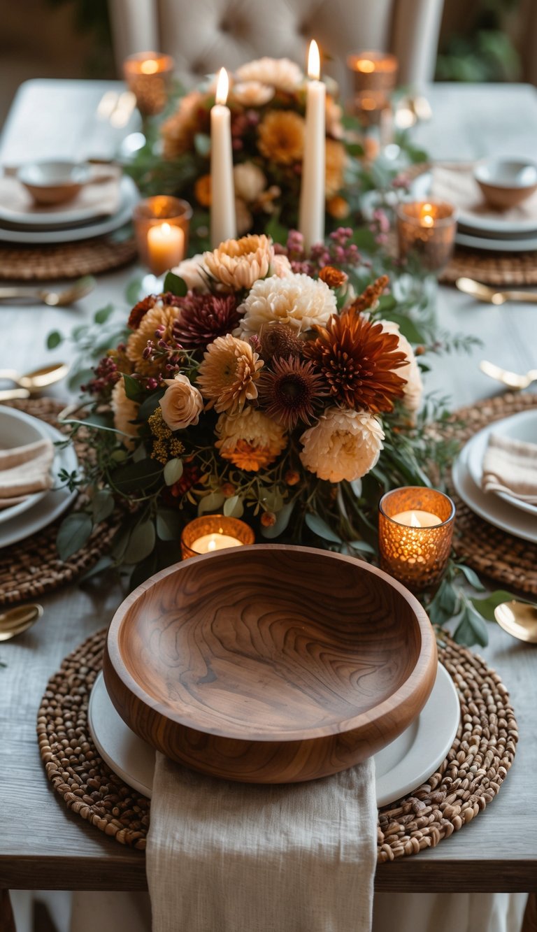 A beautifully set table featuring wooden serving bowls, floral centerpieces, and candles arranged for a festive Mediterranean meal.