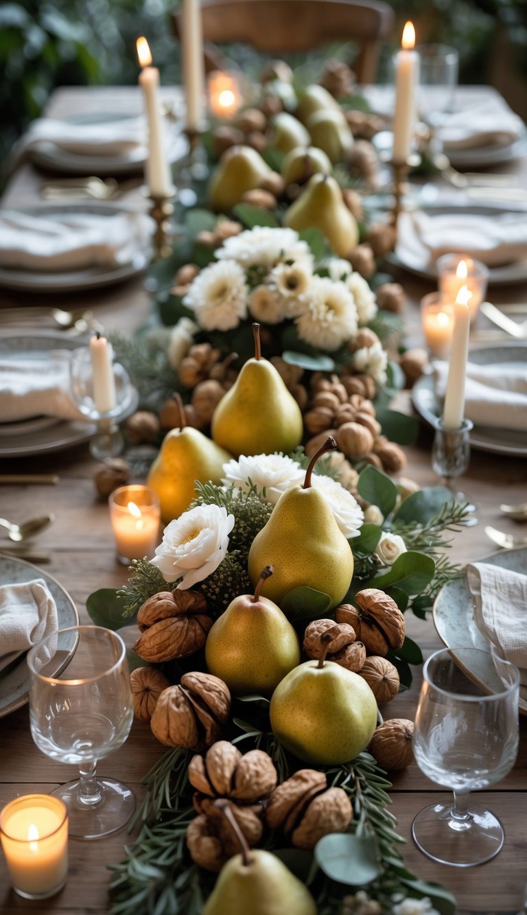 A full view of a table set with pears, walnuts, flowers, candles, and elegant dishware arranged for a festive gathering.