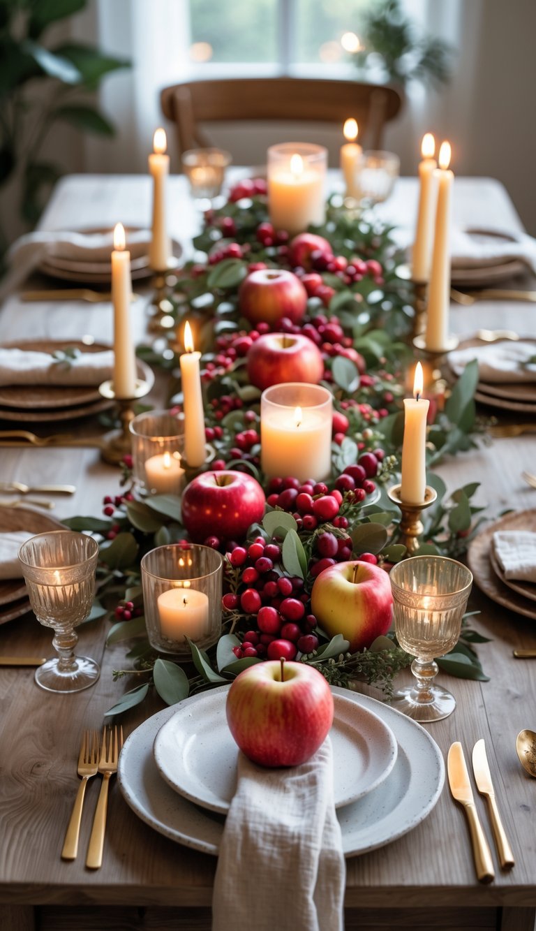 A fall-themed table set with an apple and cranberry garland centerpiece, candles, autumn flowers, and rustic tableware.