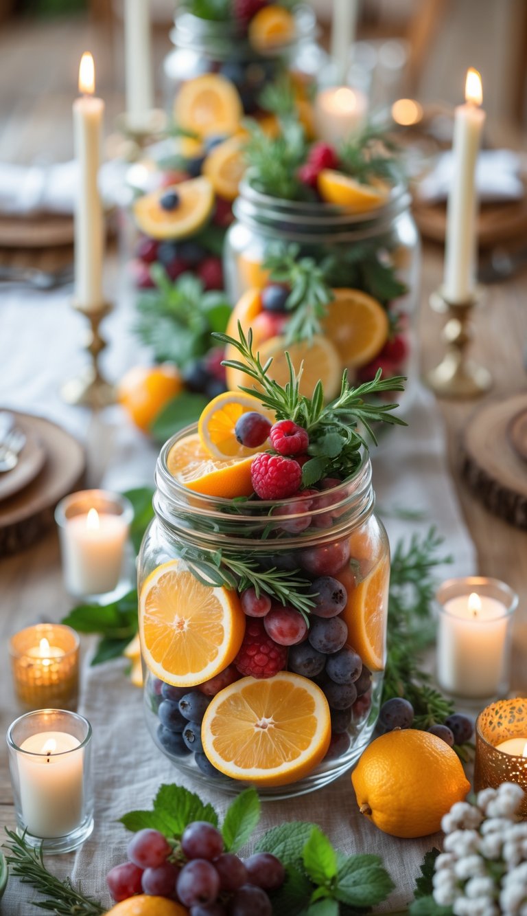 A full table set with mason jar centerpieces filled with fresh fruit and herbs, surrounded by candles and small floral arrangements.