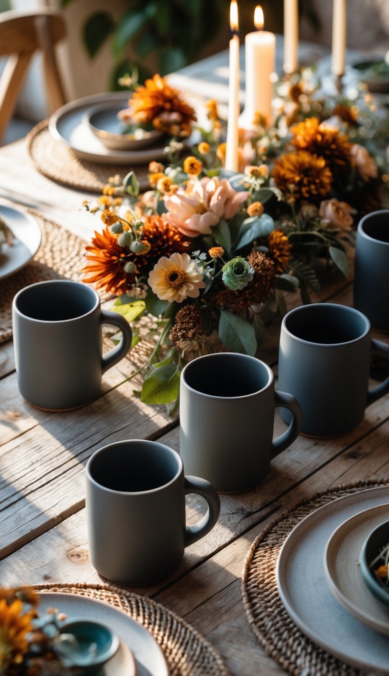 A rustic wooden table set with matte earthenware mugs, floral centerpieces, and lit candles in natural daylight.