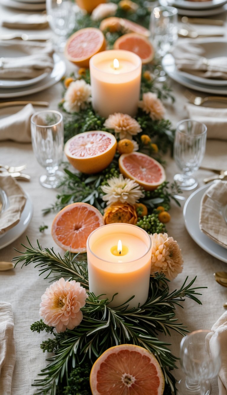 A full view of a decorated table with grapefruit and rosemary candle bases, surrounded by floral arrangements and candles.