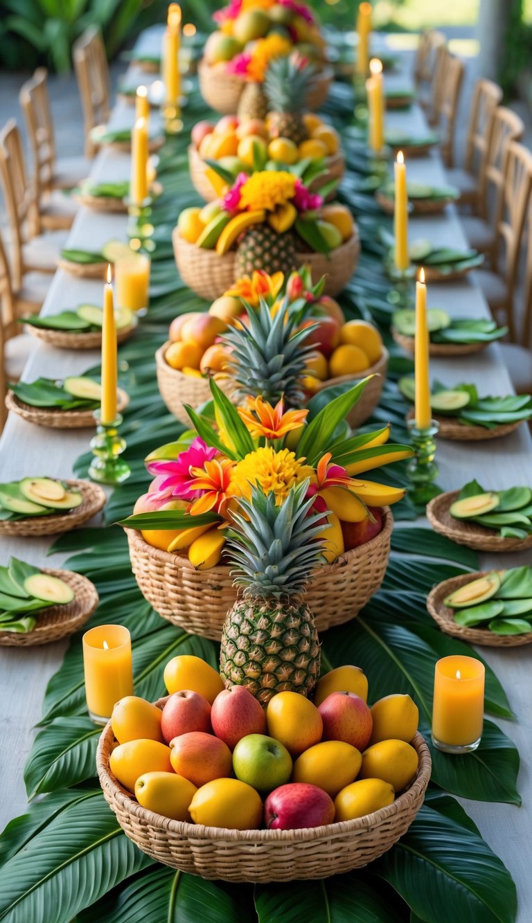 A table filled with baskets of tropical fruits on banana leaves, decorated with flowers and candles.