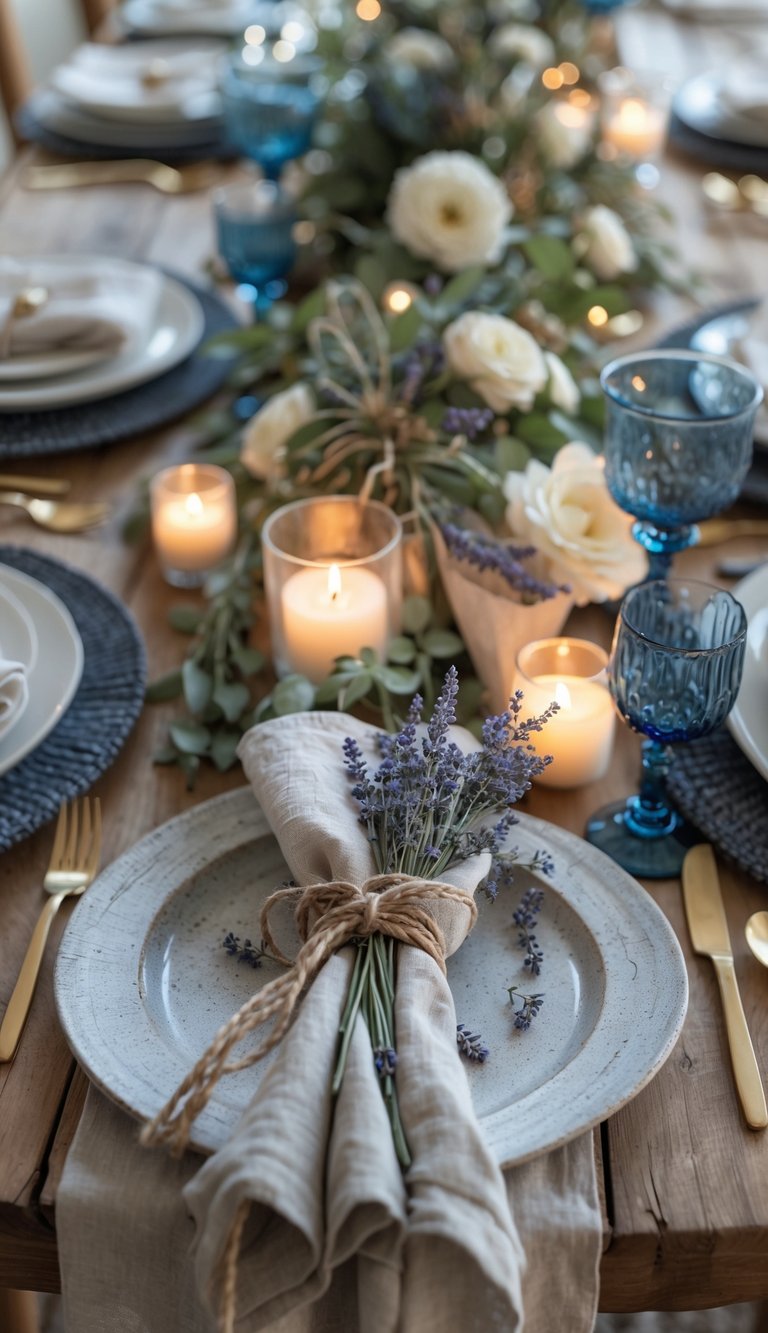 A full table set with linen napkins tied with twine and dried lavender, surrounded by floral centerpieces and candles on a wooden table.