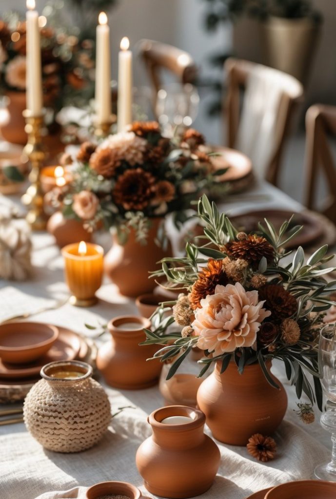 A dining table set with brown ceramic dishes, woven placemats, lit candles, and floral centerpieces featuring beige and brown flowers.