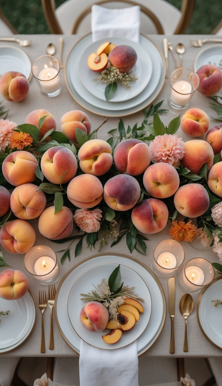 A beautifully arranged event table with bowls of peaches and nectarines, floral centerpieces, candles, and fresh fruit under natural light.