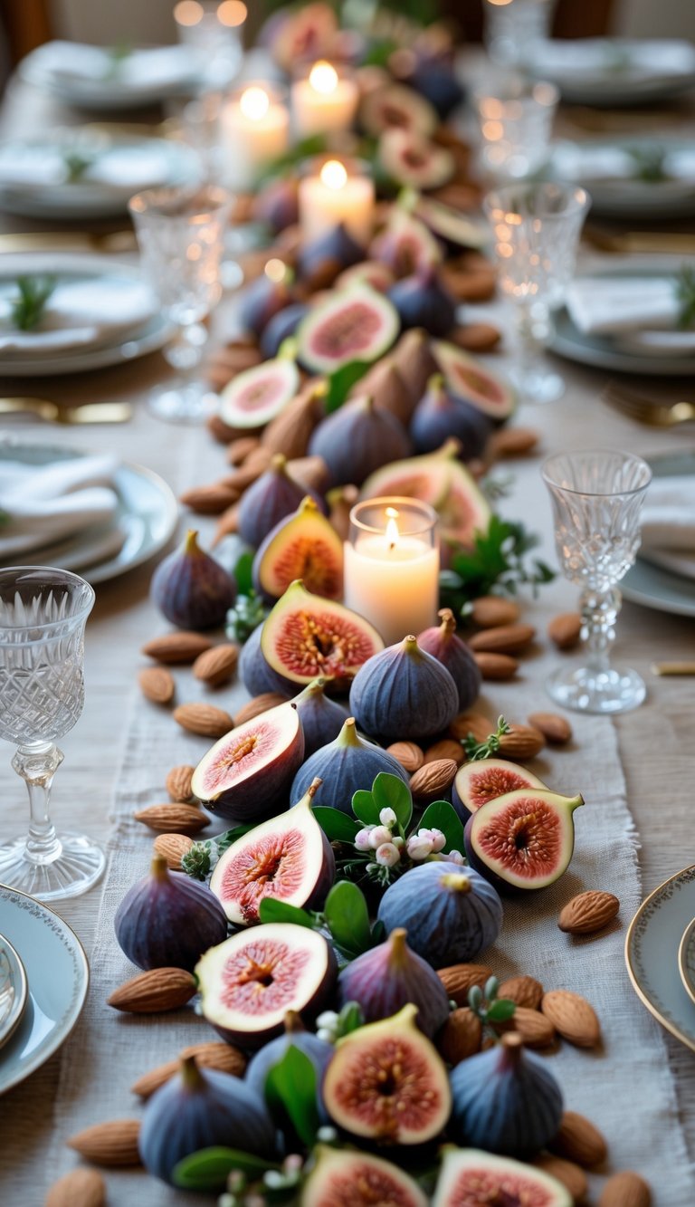 A full view of a decorated table with a fig and almond-themed runner, fresh fruits, candles, and floral arrangements.