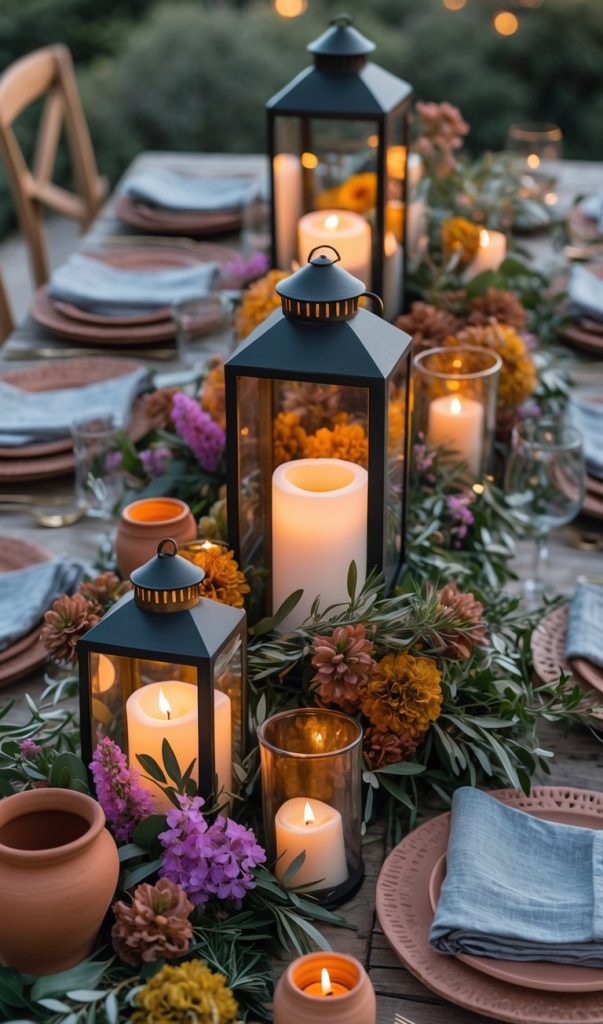 A decorated outdoor dining table with lanterns, candles, ceramic vases, and floral arrangements in warm colors, set with plates, glasses, and napkins.