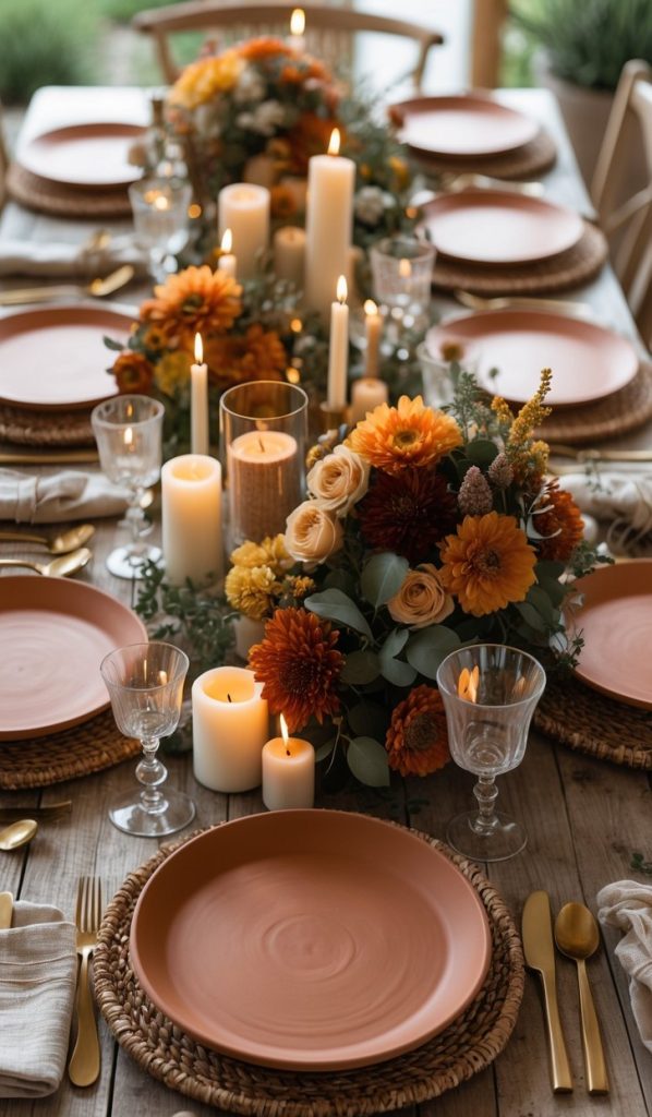 A wooden dining table set with orange plates, woven placemats, gold cutlery, glassware, candles, and floral centerpieces in autumn colors.