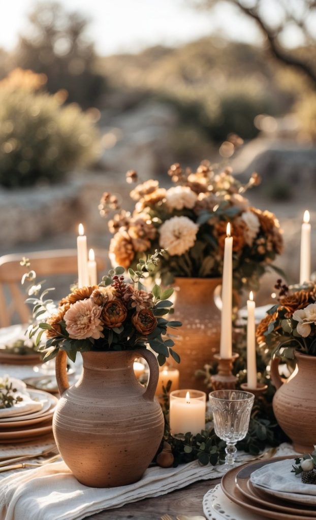 A rustic outdoor table setting with beige ceramic vases holding dried flowers, lit candles, plates, and glassware arranged for a meal.