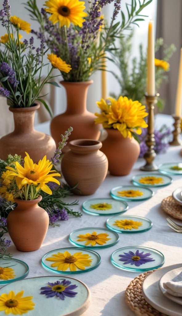 A dining table set with plates featuring yellow and purple flower designs, surrounded by terracotta vases with fresh sunflowers and candles.