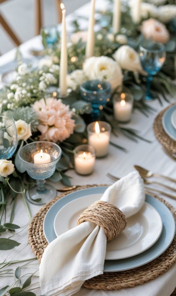 A formal table setting with woven placemats, white plates, cloth napkins, candles, and a floral centerpiece with white and blush flowers on a white tablecloth.