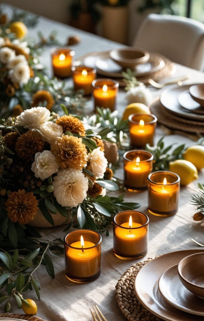 A dining table set with brown plates, woven placemats, gold cutlery, lit amber candles, a floral centerpiece, and scattered lemons.