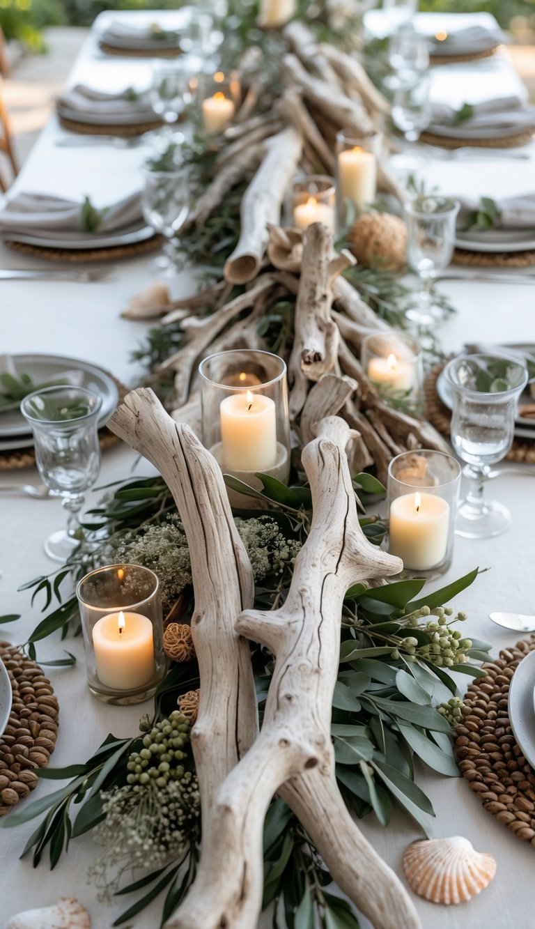 A full view of a Mediterranean-style dining table with driftwood centerpieces, candles, and floral arrangements under natural light.