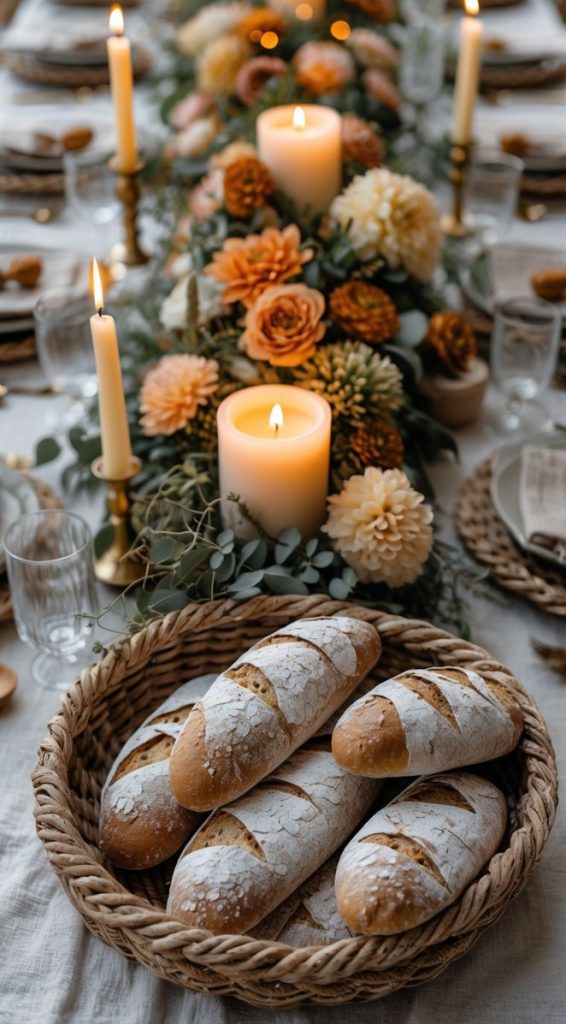 A dining table set with plates, glasses, candles, and floral centerpieces; a basket of crusty bread loaves is in the foreground.