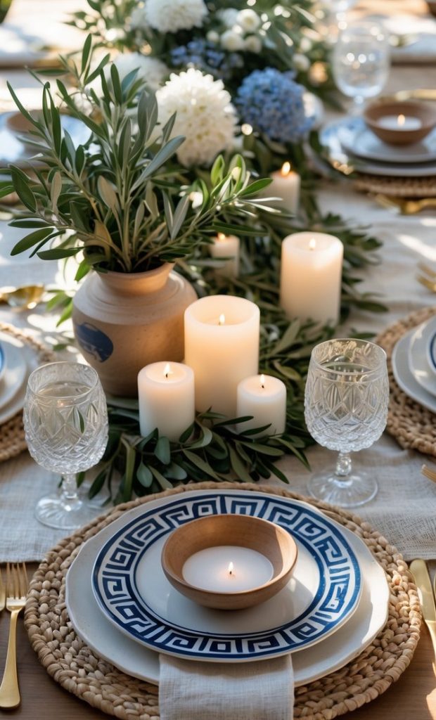 A table set with blue and white plates, gold cutlery, glassware, candles, and floral centerpieces, including olive branches and blue hydrangeas.