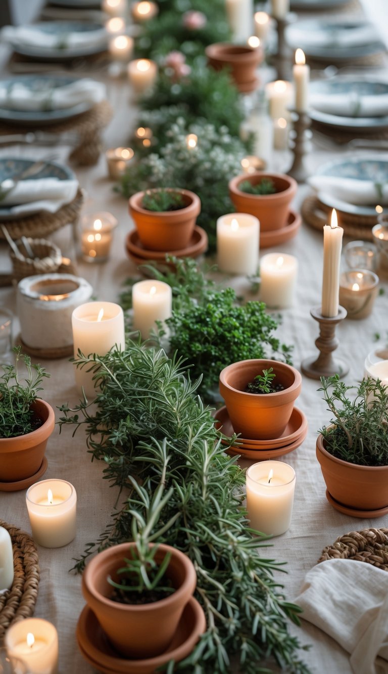 A full table set with terra-cotta pots filled with rosemary and thyme, candles, and floral arrangements, viewed from above in natural light.