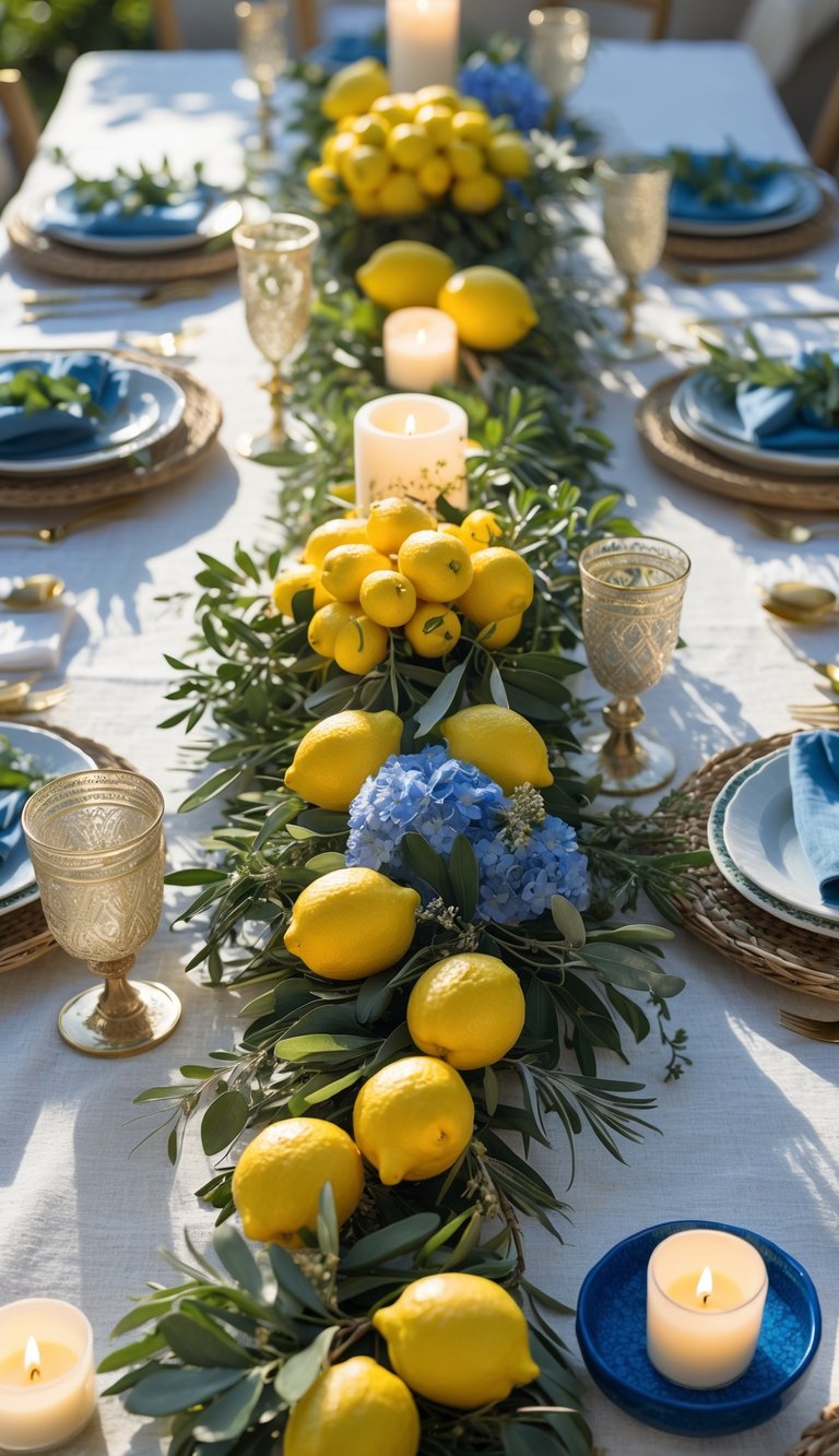 A full view of a holiday table decorated with fresh lemons, flowers, candles, and tableware in a bright, inviting setting.