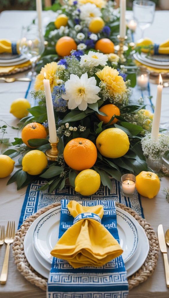 A dining table set with white plates, gold cutlery, yellow napkins, blue-patterned runners, candles, and a centerpiece of flowers, lemons, and oranges.